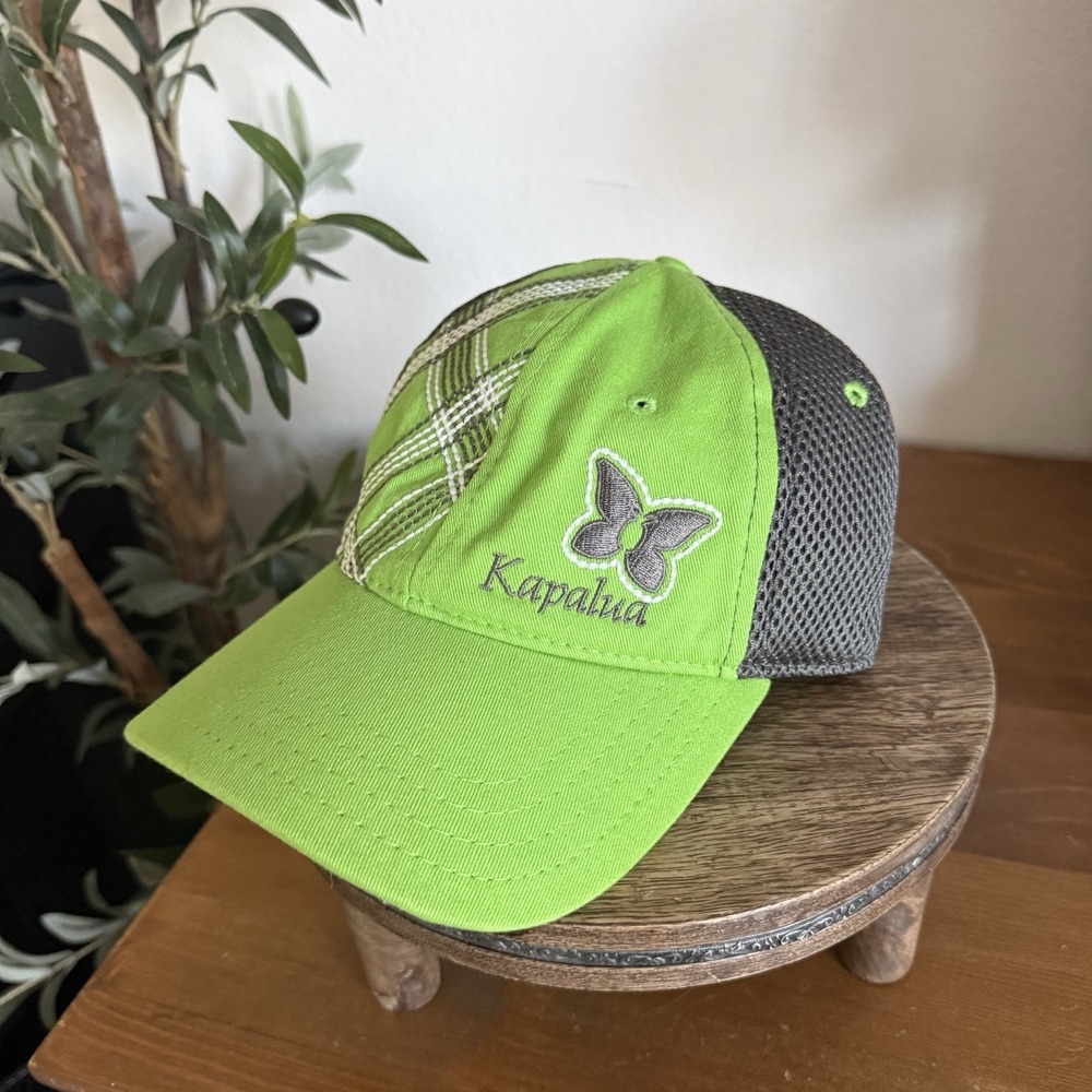 Kapalua Golf Pukka Headwear Trucker Hat Green Gray Plaid Mesh Snapback Butterfly